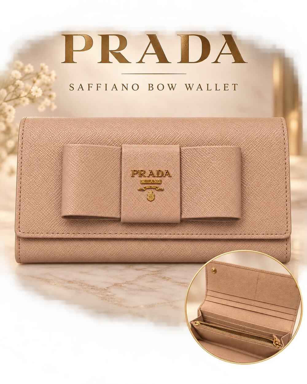 CW008 Prada Saffiano Fiocco Bow Continental Wallet in cammeo